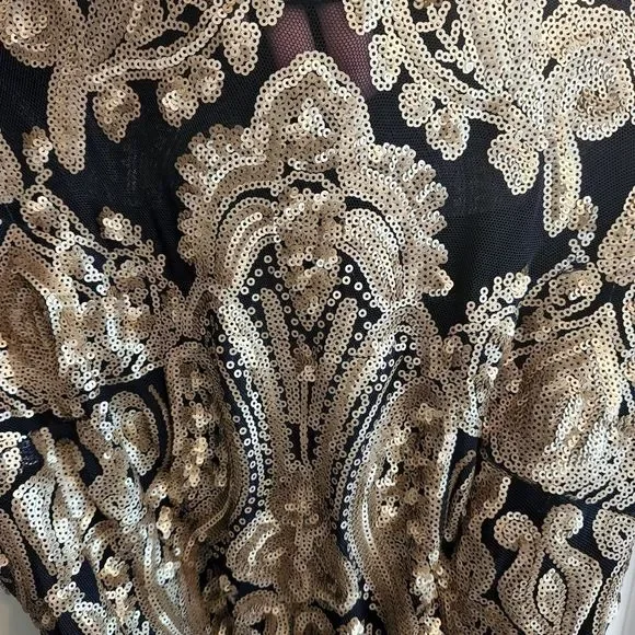 R&M Richards Blue and Gold Embellished Sequin Bow High Low Ball Gown Dress - Picture 7 of 12